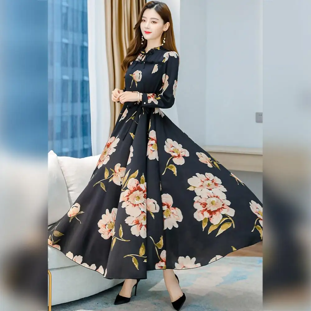 

Women Maxi Dress Loose Hem Tight Waist Flower Print Temperament Lace Up Dress-up Long Sleeves A-line Banquet Dress Female