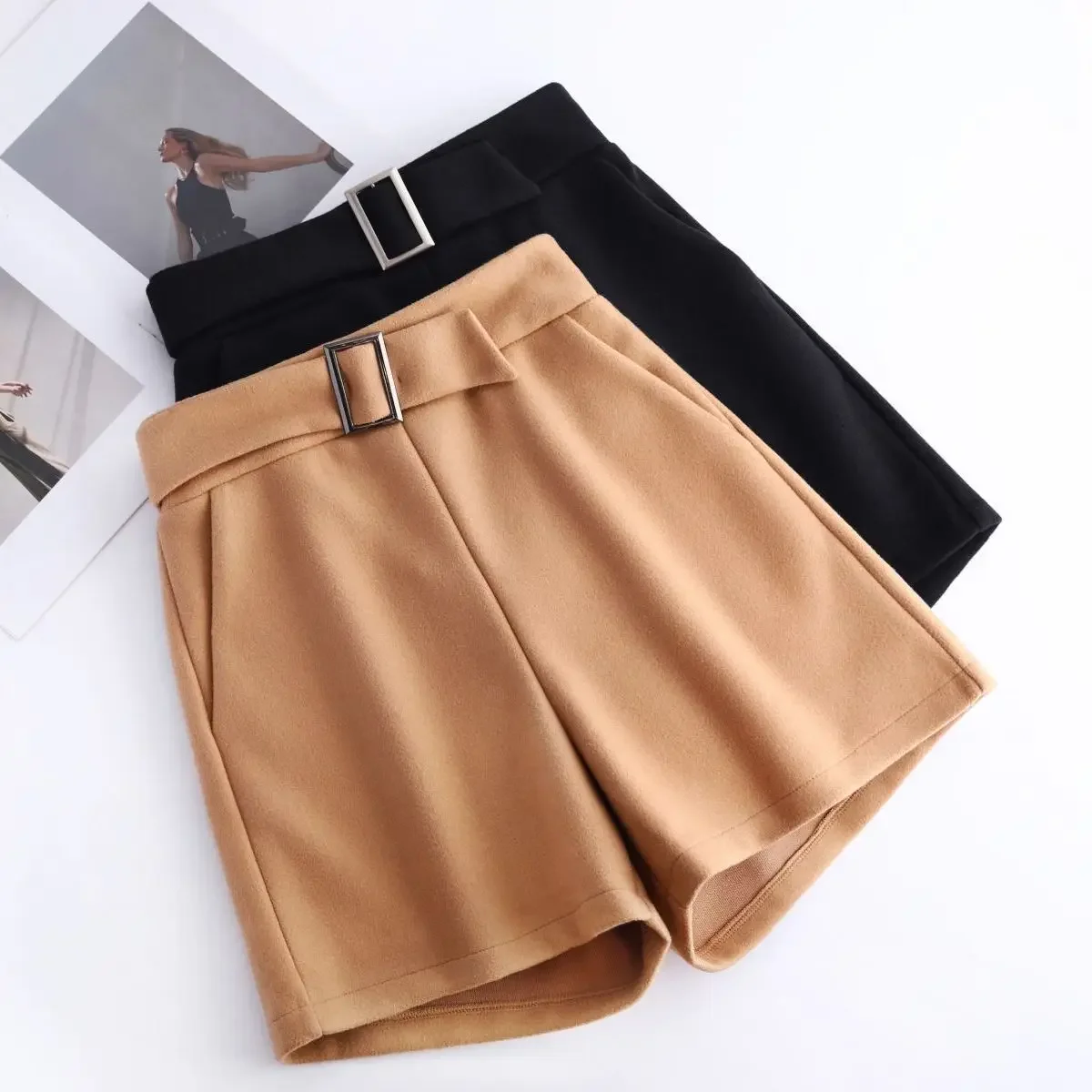 Pantaloncini sottili a vita alta slim tinta unita patchwork tasca abbigliamento donna temperamento pantaloni dritti a gamba larga XT789