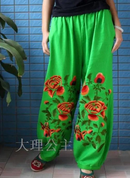 

Chinese Embroidery Pants Women Spring Trouser Ethnic Vintage Wide Leg Knickerbockers