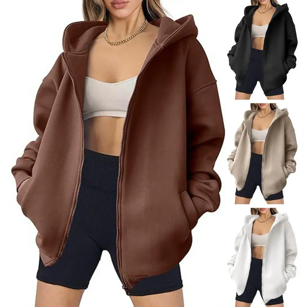 Smart Casual Style Hoodie Zipper Closure Loose Fit Women Hoodie with Thick Pockets Stylish Hooded Women\'s Coat for Fall Winter