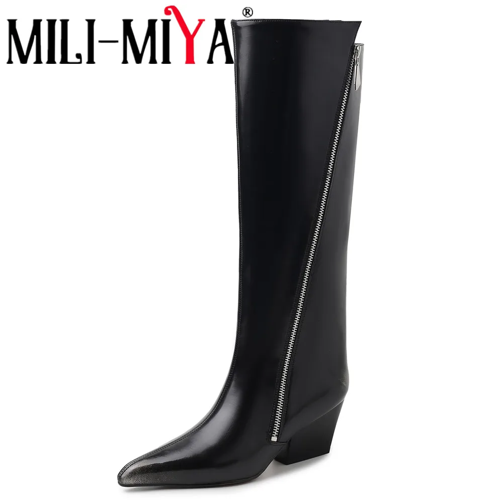 MILI-MIYA Women's Calfskin Pointed-Toe Knee-High Boots With Square Heel Solid Colour And Diagonal Zip Fastening Fashion Boots