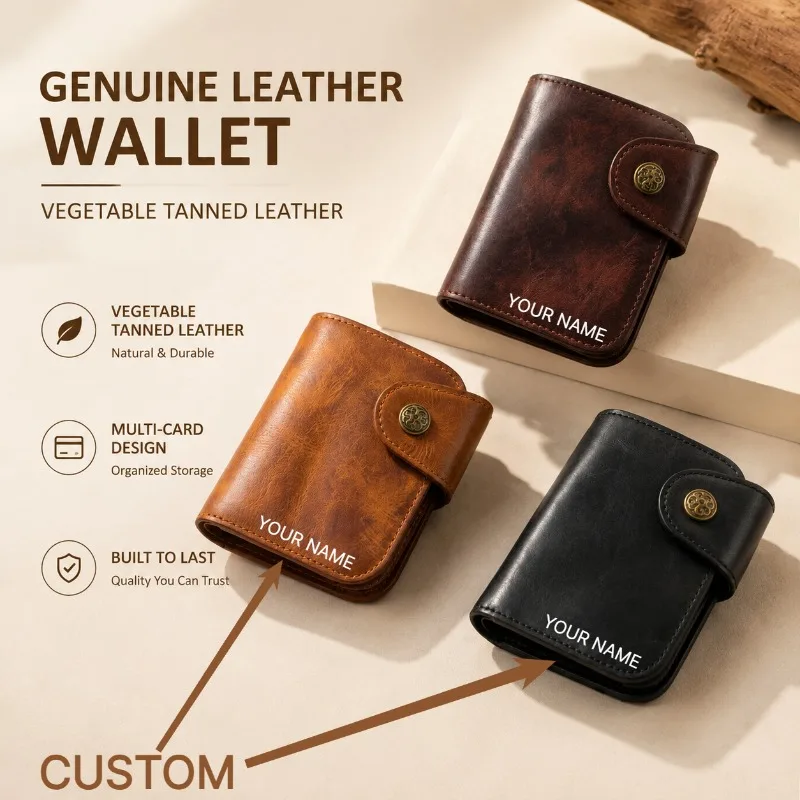 Vintage Vegetable Tanned Leather Wallet Top Grain Cowhide Key Holder Multi Card Slots Coin Purse Hand Dyed Custom Engraving