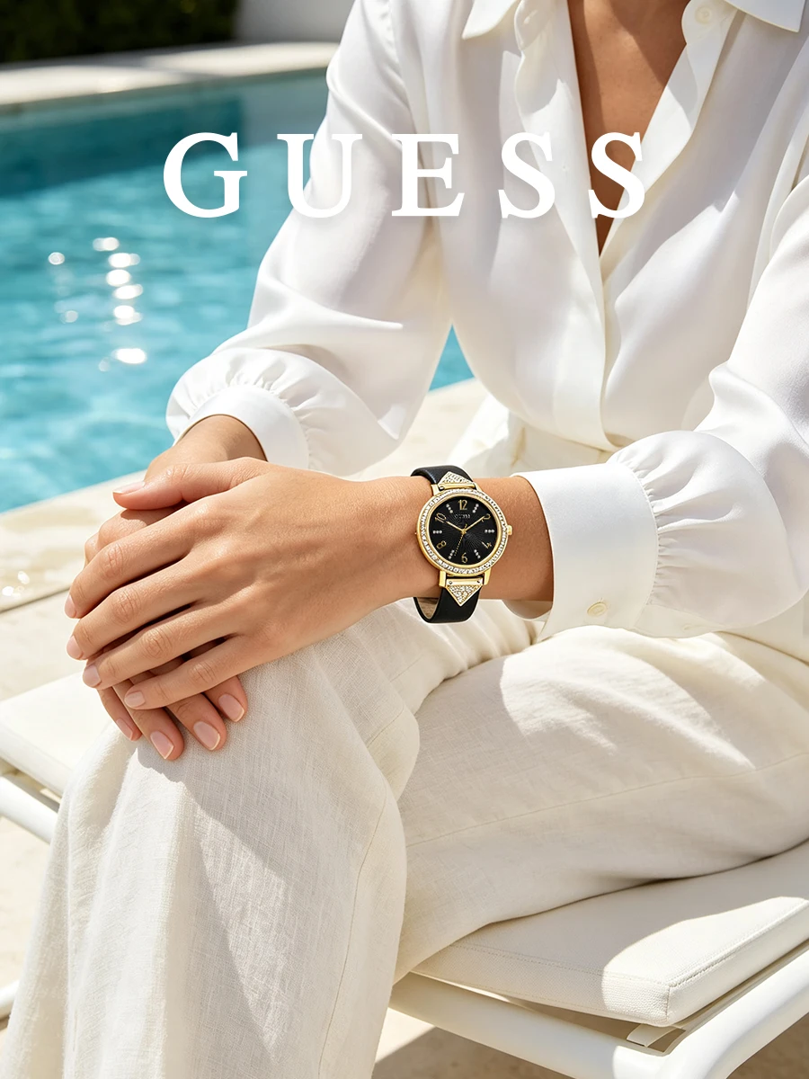 GUESS Women's Quartz Watch Black Leather Strap Crystal Bezel Black Sunburst Dial Glam Fashion Watch For Party Anniversary Gift