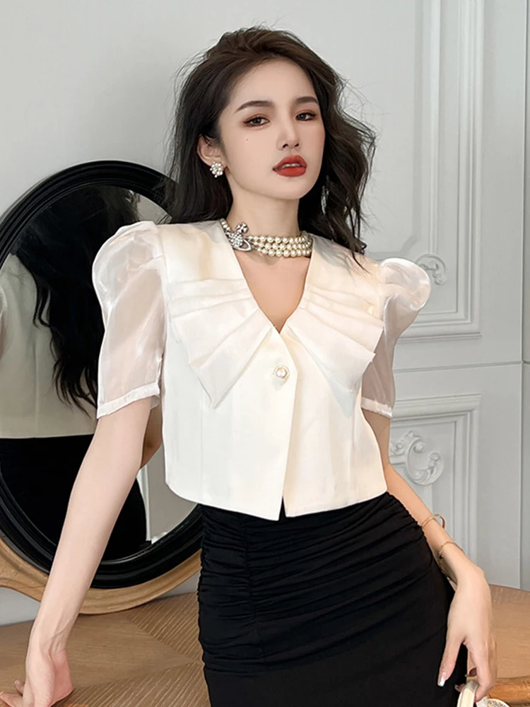 Summer Women Short Suit Satin Formal Chic Peter Pan Collar Cropped Coat Blazer Jacket Ladies Mujer Outwear Street Clothes Outfit