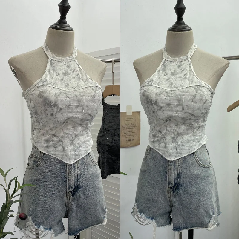 Stylish Women Thai Hot Girl Halter Sleeveless Top Sequin Ripped Distressed Backless Cropped Vest With Padded Cups Y2k Vest1663
