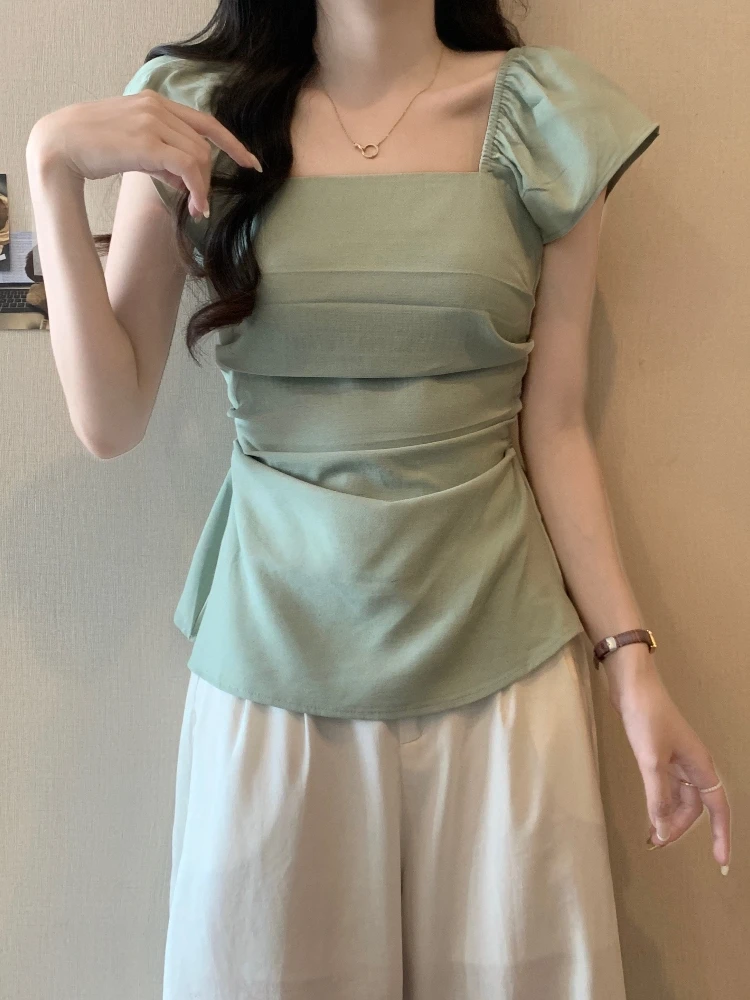 

Slimming Fly Sleeve Shirt Women's plus Size Summer Micro Fat MM Hollow out Square Collar Top Korean Style Commute Fashion