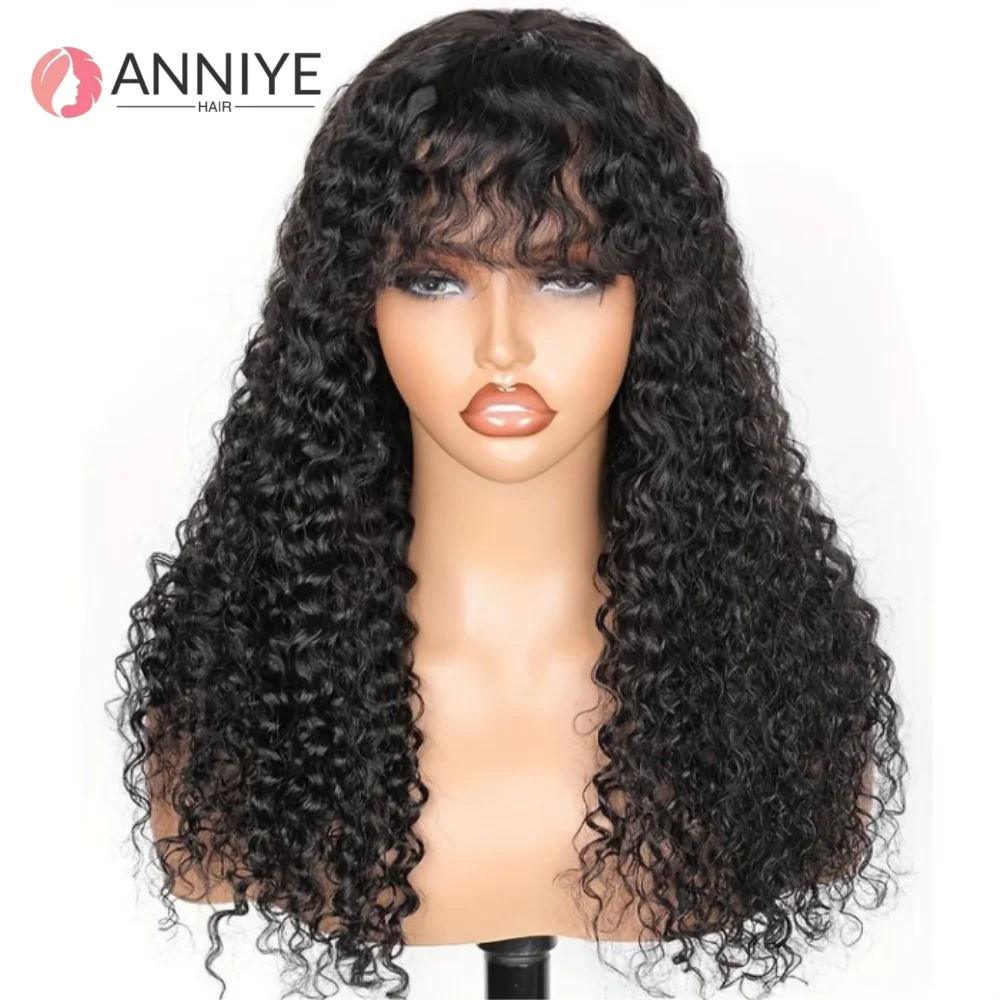 

Water Wave Wig With Bangs Brazilian Human Hair For Women 180% Density Full Machine Made Deep Wave Curly Water Wigs ANNIYE Hair
