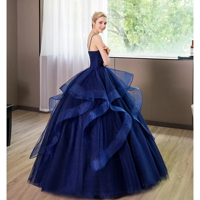   Azul quinceanera vestidos de luxo festa de formatura com decote em v vestido de baile elegante cinta de espaguete vestidos de 15 anos quinceanera personalizado