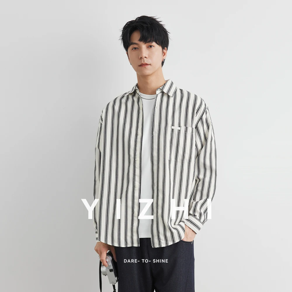 Men's Long Sleeve Striped Shirt 2025 Autumn New Japanese Fashion Youth All-match Casual Shirt Coat Jacket Men's Clothing