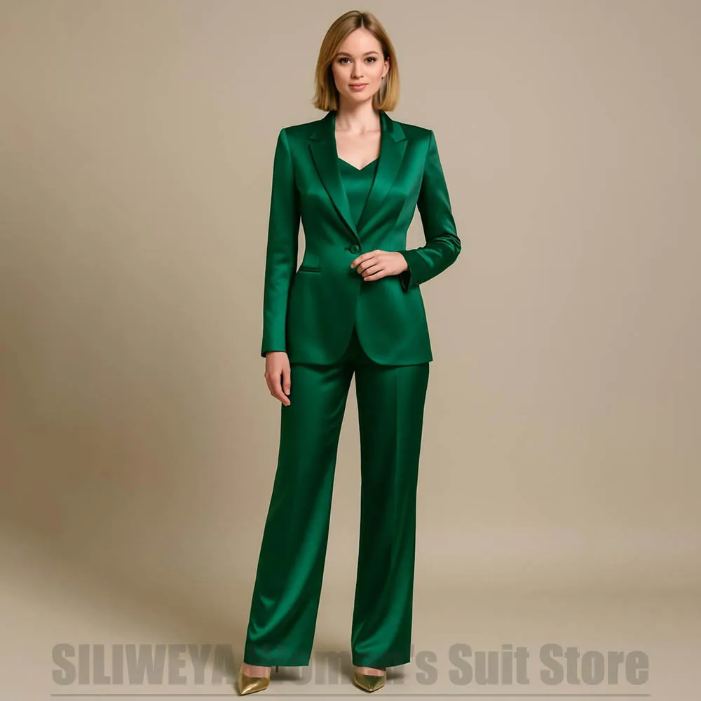 

Женский атласный костюм из двух предметов, роскошный шелковистый тканевый наряд на одной пуговице с зубчатыми лацканами, модные офисные женские повседневные костюмы