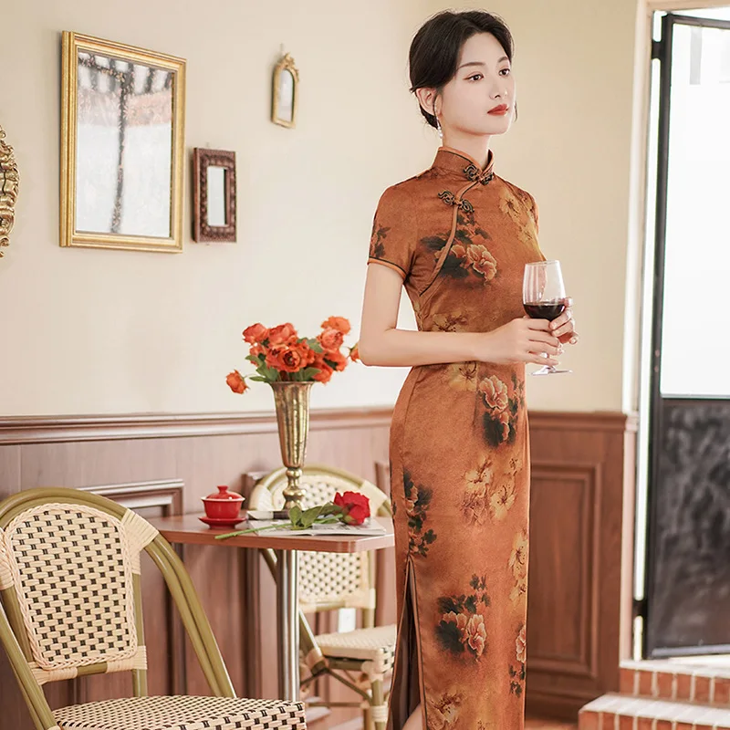 Bodycon Büyük Boy Uzun Qipao Vintage Çiçek Baskılı Yırtmaçlı Etek Bodycon Seksi Vestidos Ulusal Modern High-End Cheongsam