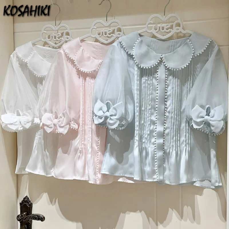 

2025 Japanese Lolita Sweet Blouse Y2k Aesthetic Doll Collar Grunge Shirt Women Harajuku Lantern Sleeve Bow See Through Blusas