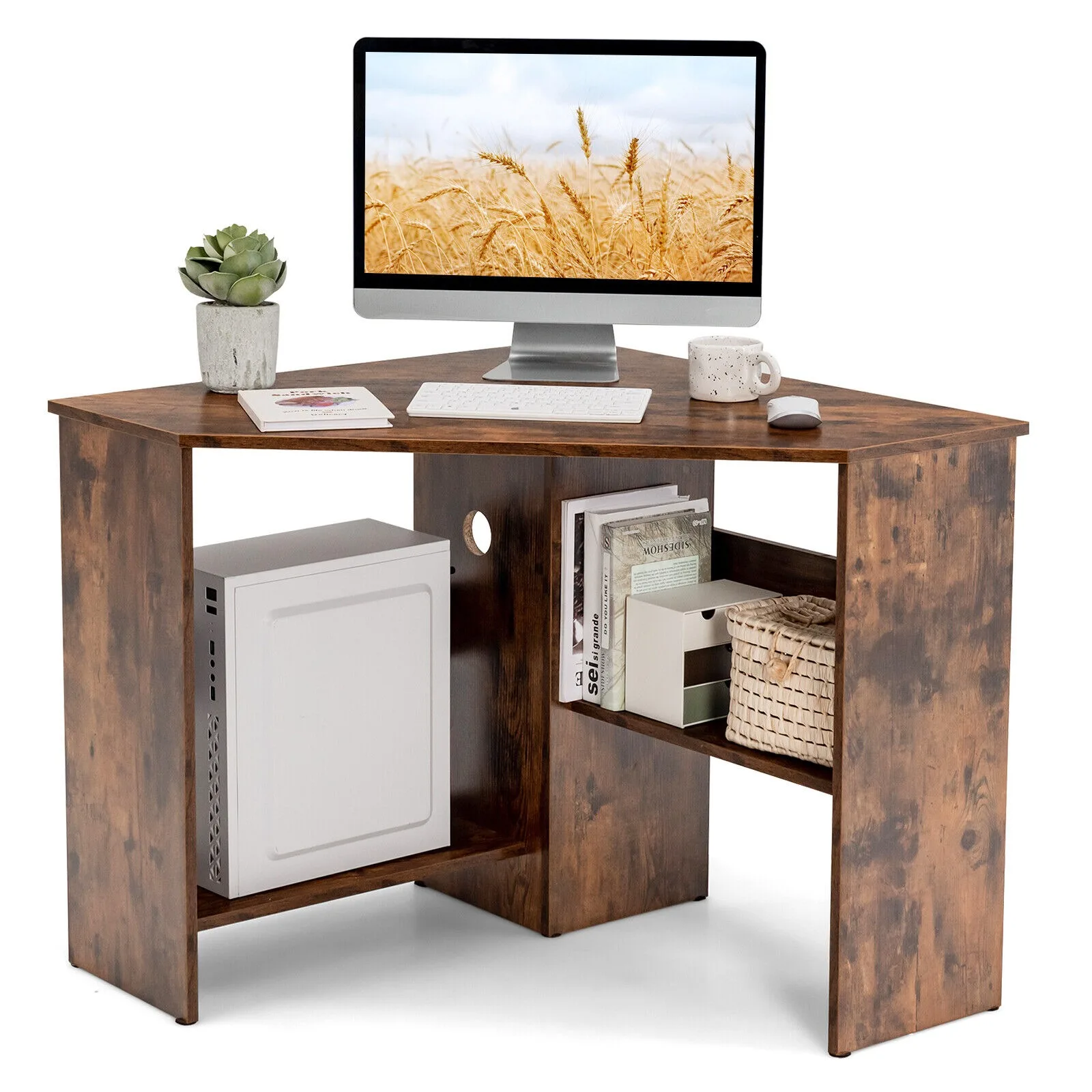 

US -Triangle Writing Workstation with Storage Shelf, Corner Computer Desk, US, Country Style