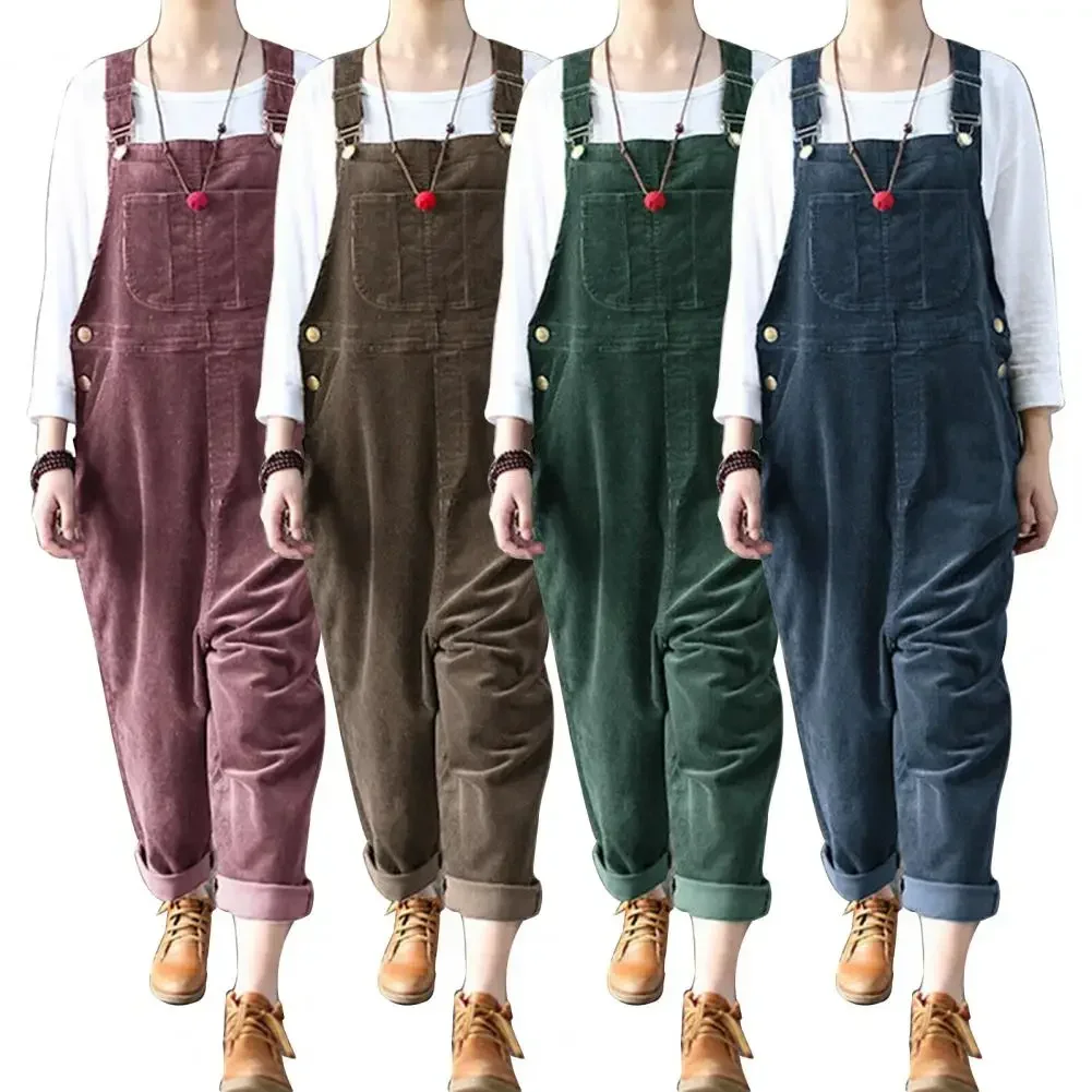 Jumpsuit korduroi Musim Dingin 2024 overall kaki lebar wanita Jumpsuit kaki lebar tanpa lengan longgar warna polos Jumpsuit wanita