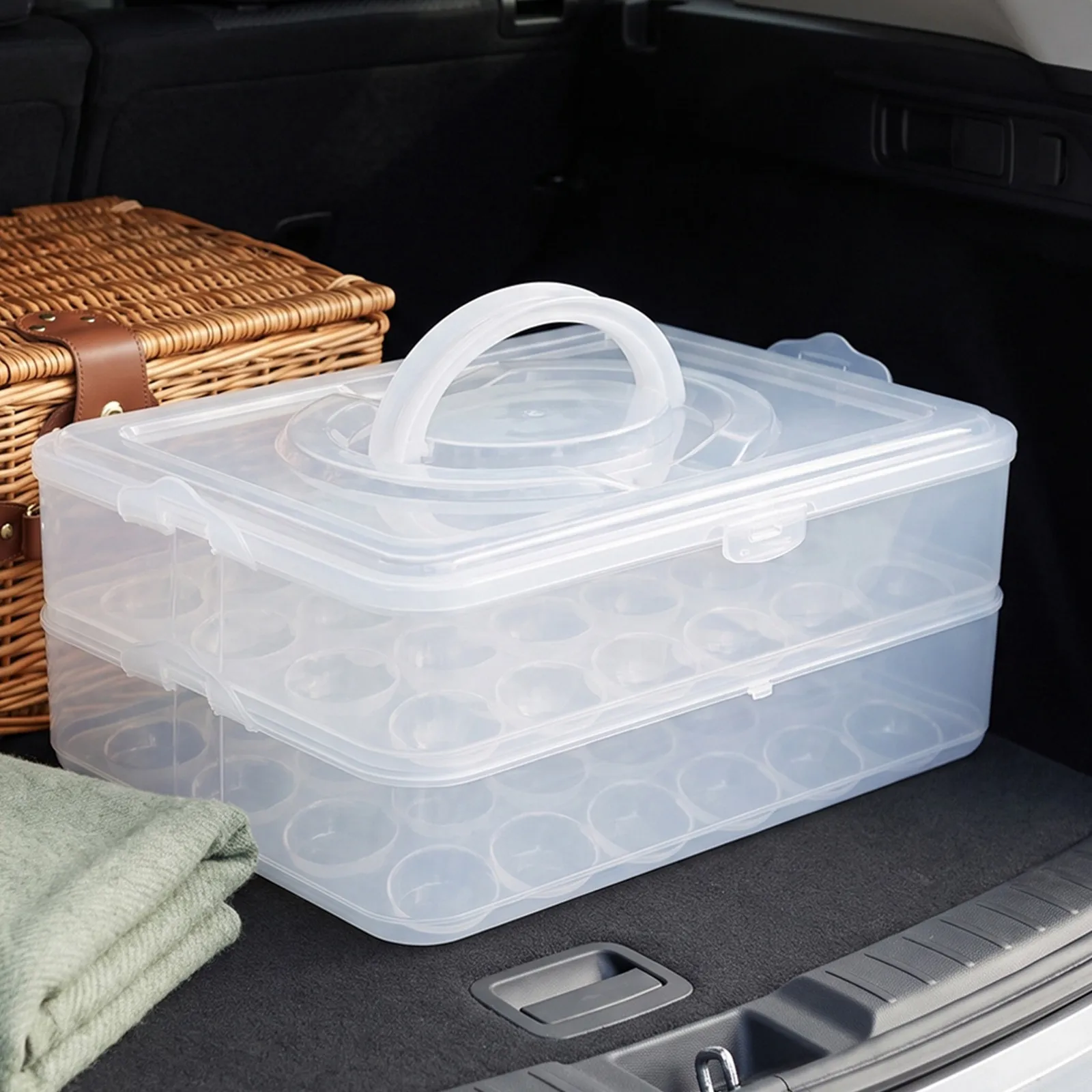 2Pcs Double Layer Deviled Egg Tray Carrier Lid Handle Portable Stackable Fridge Egg Holder Leakproof for Travel Party