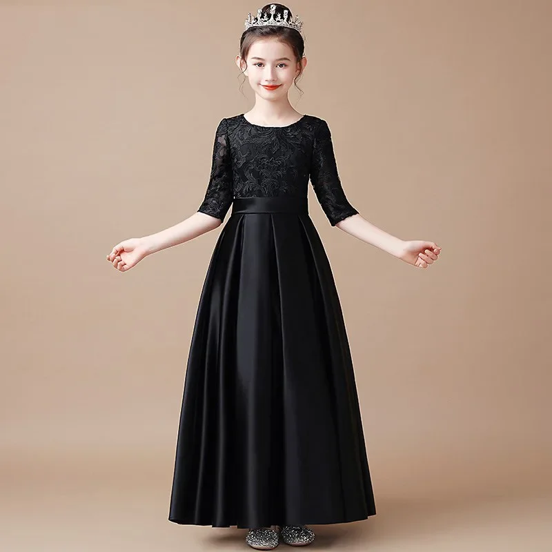 

Girls Black Long Skirt Kids Elegant Prom Wedding Birthday Party Lace Formal Dress Teen Violin Piano Performance Host Vestidos