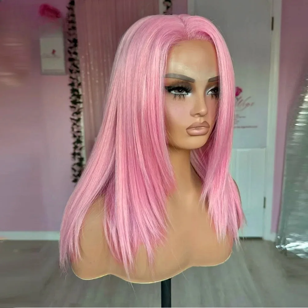 Pink Wig Layered Short Straight Lace Front Wigs 13x4 HD Lace Frontal Wig High Quality Synthetic Wig Pre Plucked Heat Resistant