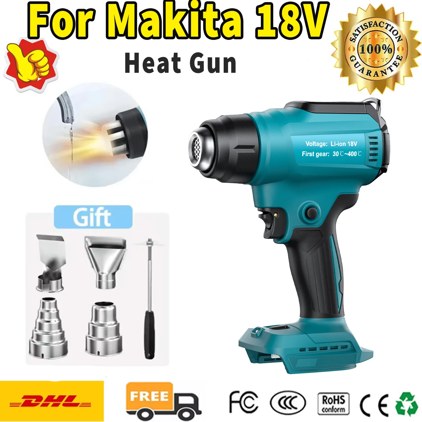 

For Makita 18V Battery CordlessHandheld Wireless heating gun Max 350W 122℉-990℉ Heat Gun 4 Nozzles For Crafts Shrink