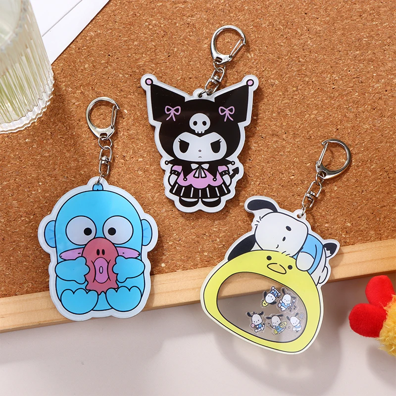 Dynamic Shakeable Sanrio Acrylic Keychains Cartoon Hangyodon Kuromi Pochacco Chick Keyring Bag Pendant Backpack Charms Car Decor