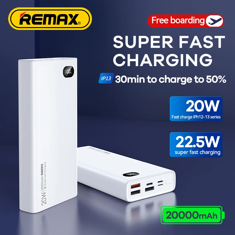 Remax Portable PowerBank 20000mAh PD20W QC22.5 Fast Charging External Battery Charge For iPhone 15 16 Cell Phone iPad Xiaomi Max