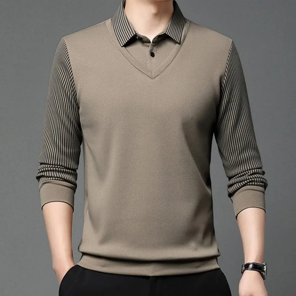 Shirt Collar Sweater Mid-aged Men\'s Formal Business Style Striped Sweater with Lapel Thick Plush Warm Knitted Pullover for Fall