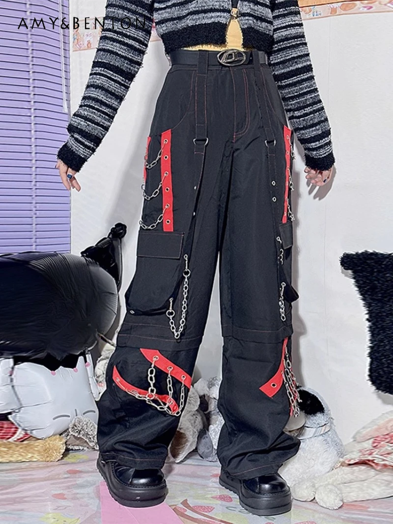 

Autumn and Winter Punk Style Y2K American Tooling Design Sense Black High Waist Loose Wide Leg Long Casual Pants For Women