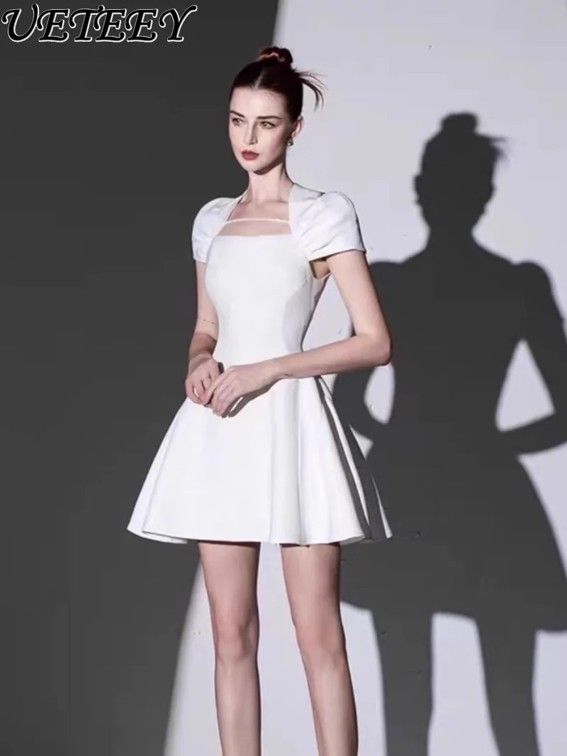 フレンチスタイルサテン半袖宴会年次総会誕生日パーティードレス社交界のエレガントな痩身ブライドメイドミニドレス