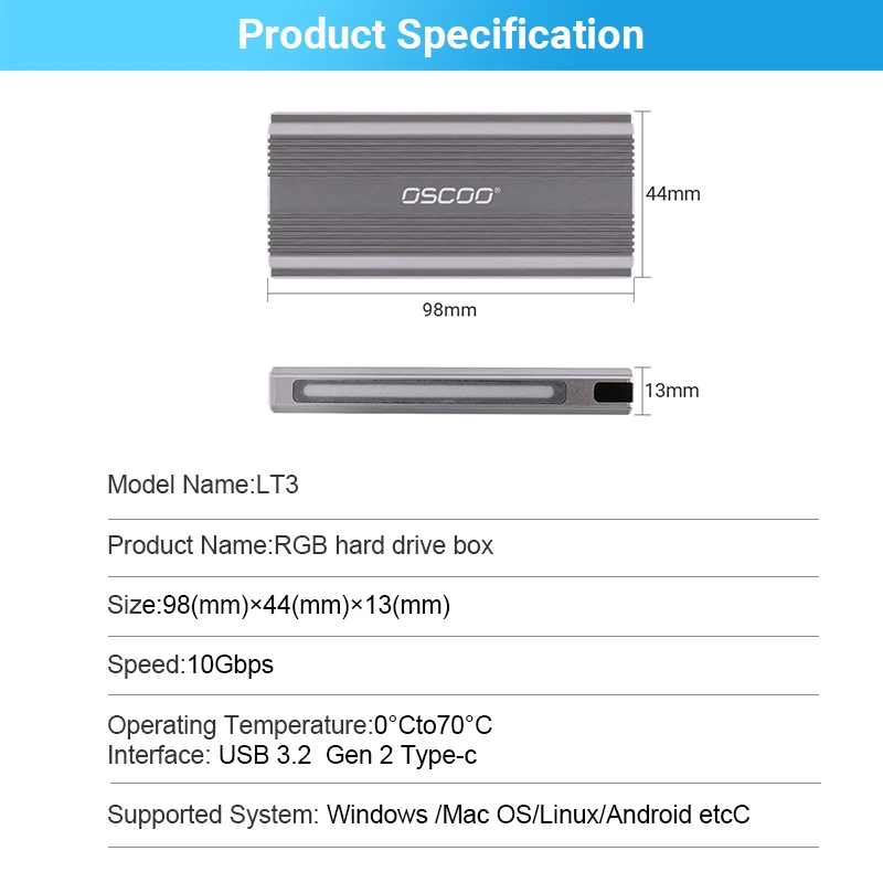 OSCOO-SSD Adaptador de Gabinete, LT3 M.2 SATA e NVMe RGB, Compatível M.2 2242, 2260, 2280, Taxa de Transmissão SSD, 10Gbps Capacidade Máxima 4GB