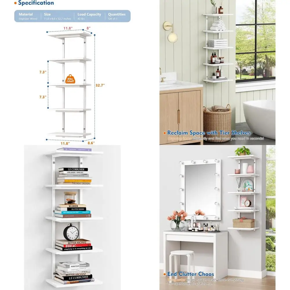 

5-уровневая белая настенная полка для обуви — книжная полка в нижнем стиле для спальни, вертикальные плавающие полки для хранения в дома и офисе