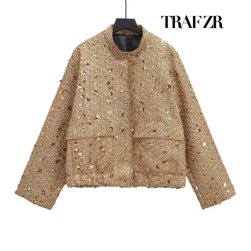 TRAF ZR High Quality Luxury Sequins Bomber Jacket Y2k Streetwear Vintage New in Coats and Jackets for Women 2024 Outerwear