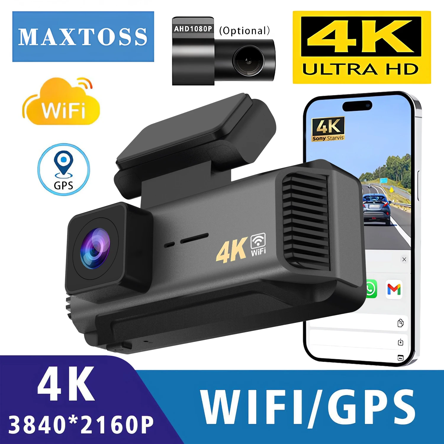 Cámara para Auto 4K 3840*2160P, Grabación UHD, Visión Nocturna, DVR, Wi-Fi Integrado, GPS, Modo de Estacionamiento 24H