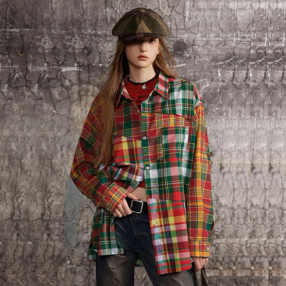 

Irregular Splice Plaid Shirts Women Streetwear Fashion Loose Casual Long Sleeve Oversize Shirts Men Spring Autumn Blouses Shirt