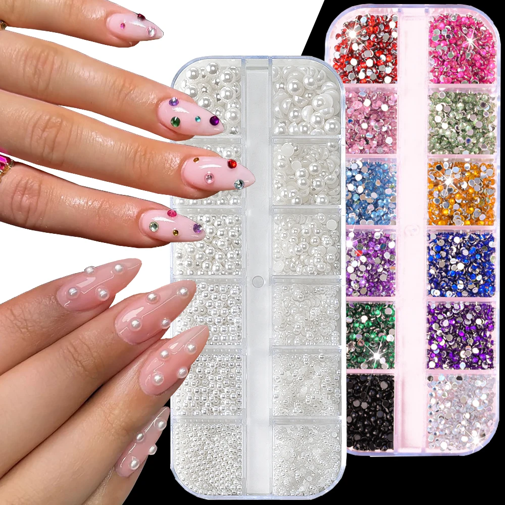 

2box Colorful Rhinestones Pearl Nail Decoration With Tools Round/semicircular Pearl Nail Gem Mini Diamond Red Pink Manicure Part