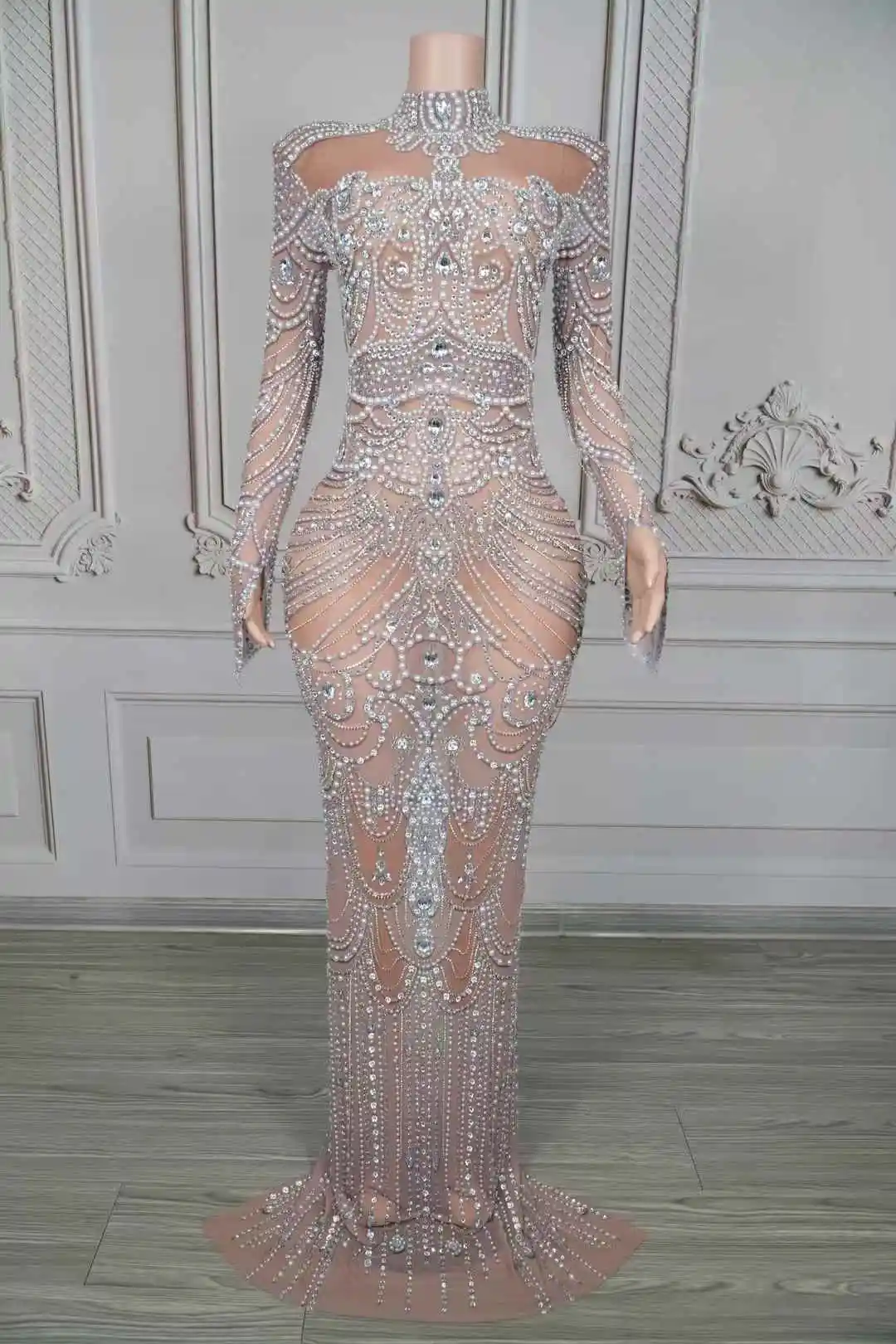 Vestido longo elegante com pérolas e cristais, vestido feminino sexy transparente de malha para noite, aniversário, comemoração de casamento, sessão de fotos