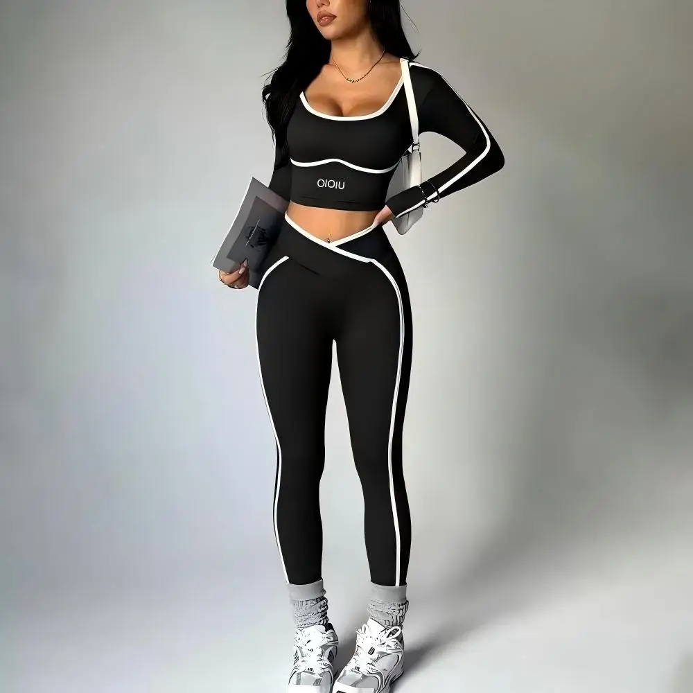2026 New Color-Contrasting Yoga Set - Tight Yoga Long-Sleeved Front V-Waist Tapered Hip-Slimming Yoga Pants Set