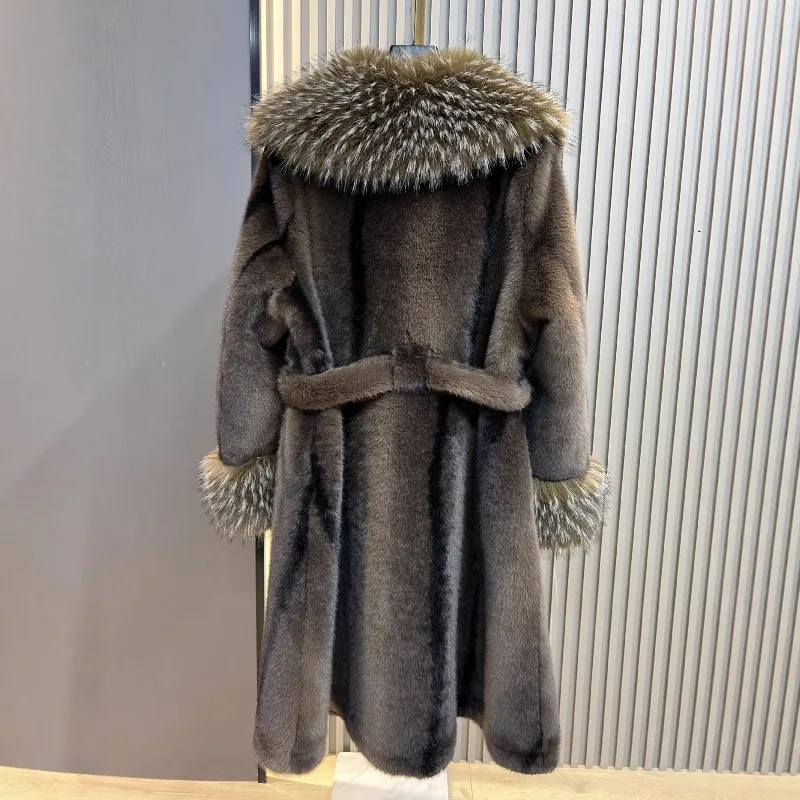 Autumn Winter New Woolen Coat Women's Fashion Warm Long Faux Mink Fur Large Furry Collar Jacket Long Sleeves Elegant Warm Top