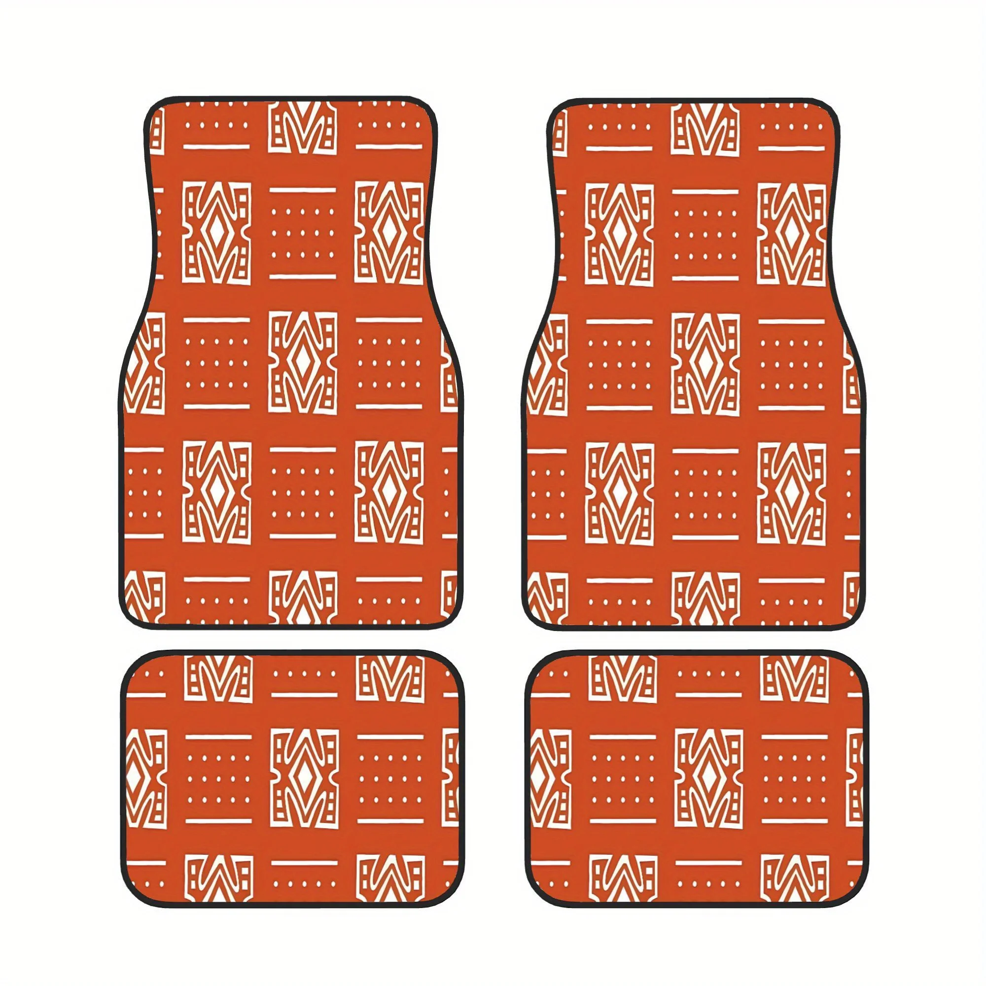 African Tribal Decoration Orange Trendy Four Part Floor Mat Set Designed For Daily Drivers Who Enjoy A Coordinated And Tidy Car