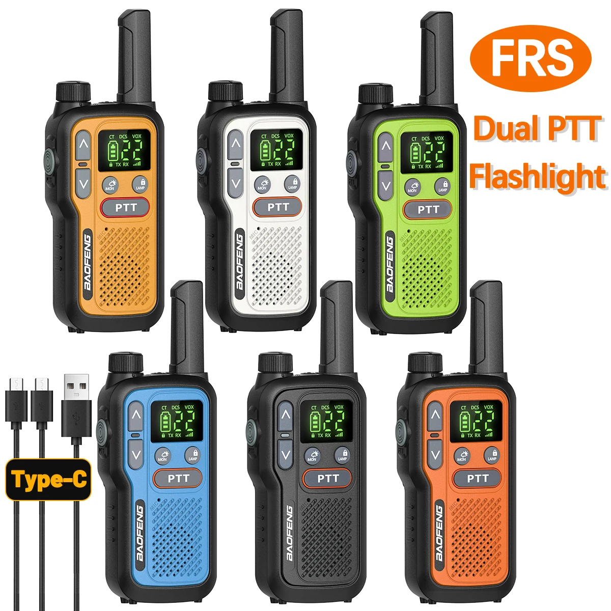 2X BAOFENG FRS Walkie Talkies Long Range Walkie Talkie NOAA VOX Flashlight Type-C Portable Two Way Radio For Restaurant Camping