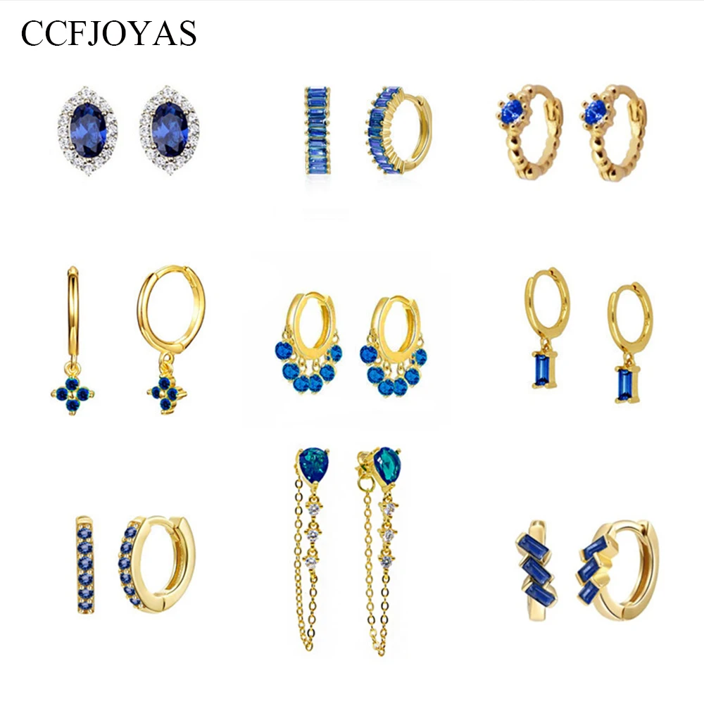 CCFJOYAS 18K Gold Plated Dark Blue Zircon Hoop Earrings Europen and American 925 Sterling Silver Circle Piercing Huggie Earring