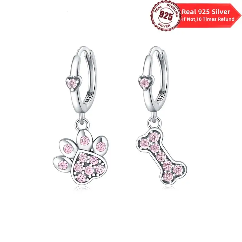 Real 100% 925 Sterling Silver Pink Bones And Claws Zircon Hoop Earrings For Women Silver Color Piercing Earrings Jewelry