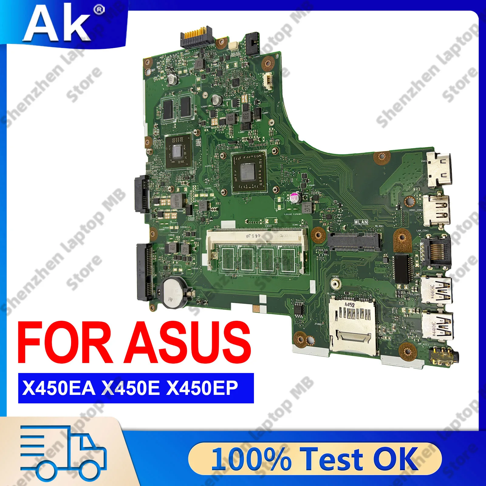Placa base para portátil X450EP para ASUS VivoBook A452E X450EP X452E X450E con CPU, 100% probada, envío rápido, en stock.