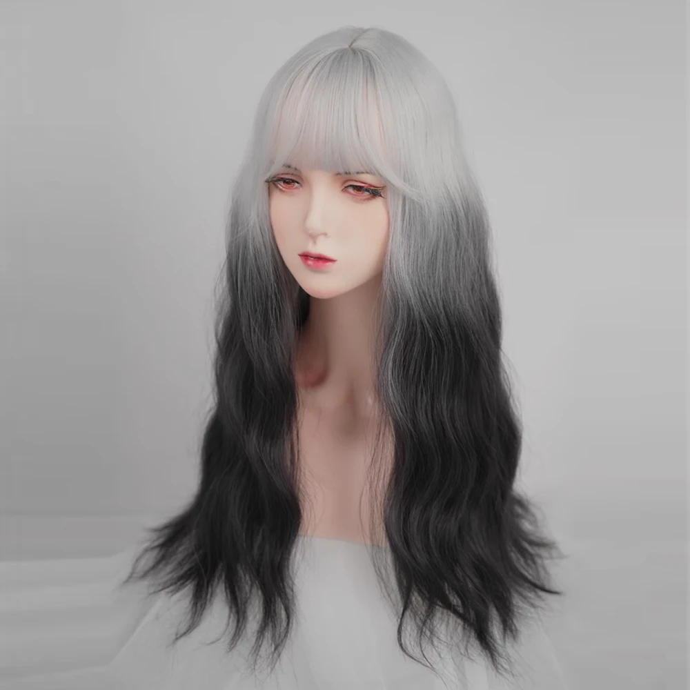 GAKA طويل متموج أومبير أبيض أسود التدرج الباروكات مع الانفجارات الاصطناعية لوليتا تأثيري المرأة شعر مستعار طبيعي للحزب اليومي #4