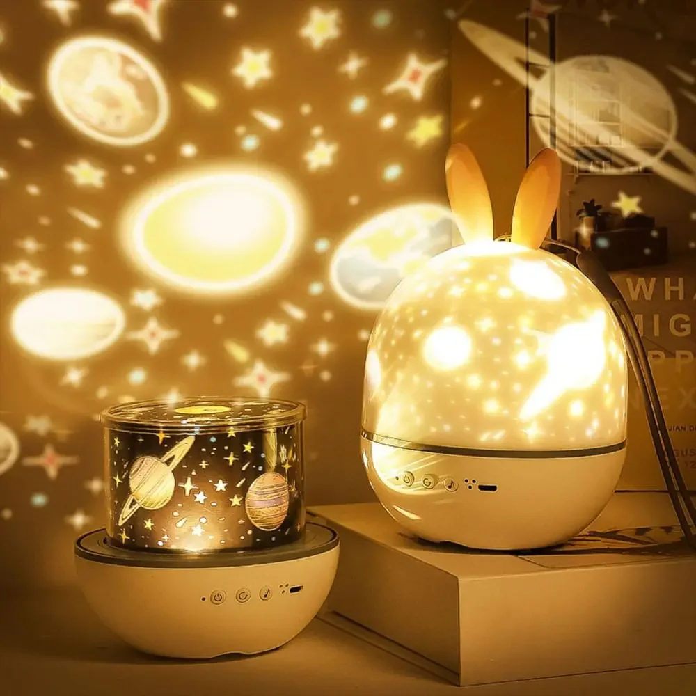 Rabbit Table Lamp Dreamy Spin Starry Sky Projector Light Christmas Lamps for Children's Room Decoration USB Led Night Light Gift