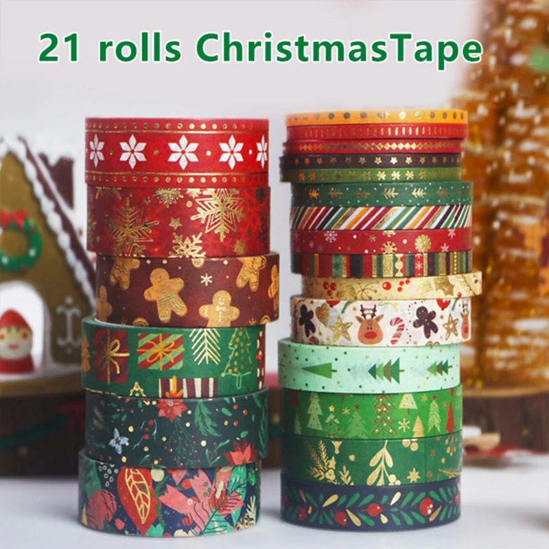 21 Pcs/set Merry Christmas Gilding Washi Tape Set Scrapbooking Diy Journal Stationery Masking Tapes Deco Art Supplies Gift