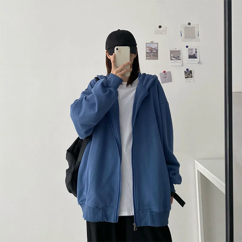 

2023 Spring Autumn Female Solid Hooded Hoodies BF Style All-Match Oversized Cardigans Fashion Zipper Long Thin Outerwear