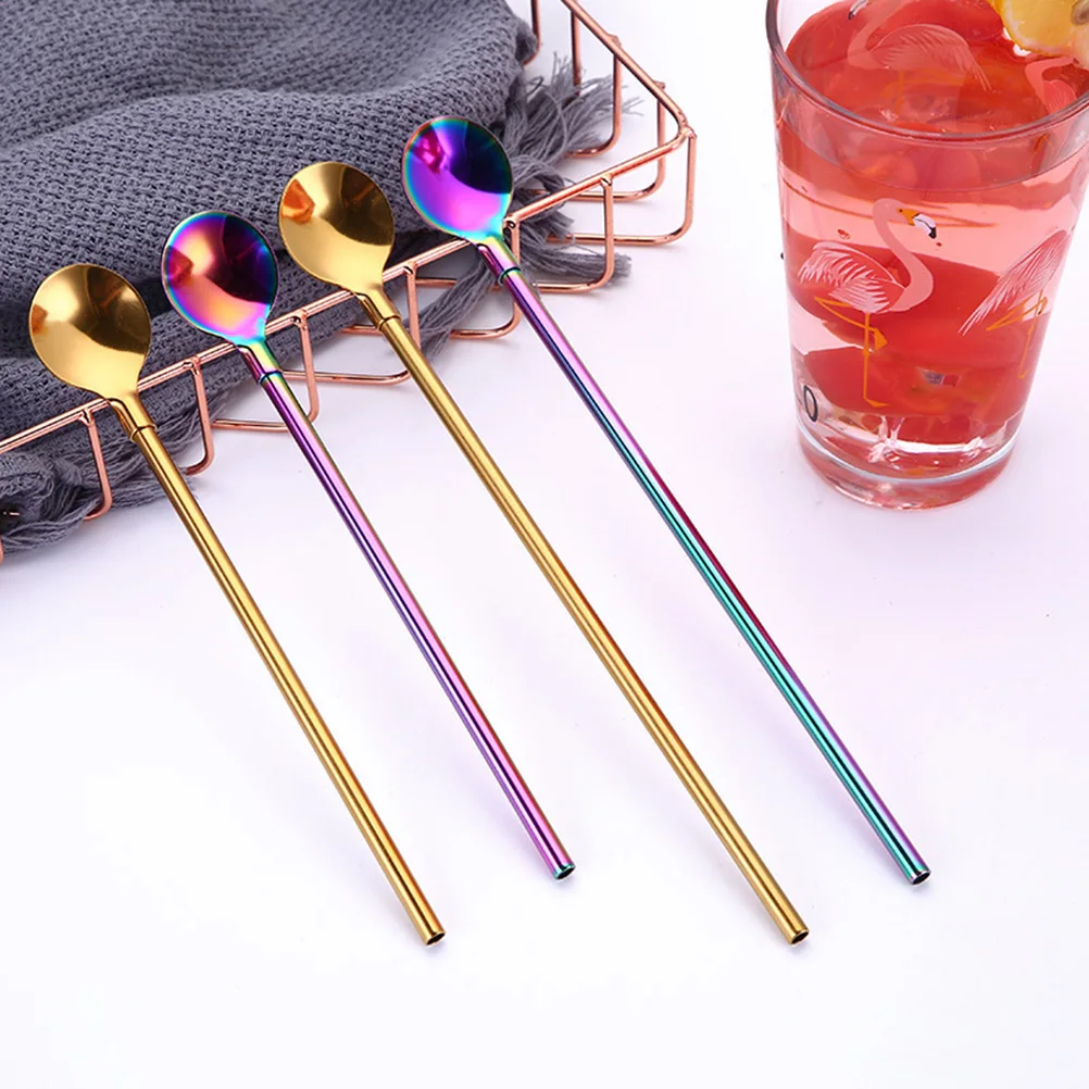

10pcs Stainless Steel Straw Spoon Set Reusable Drinking Spoons Colorful No Corrosion No Rust Suitable For Milkshake