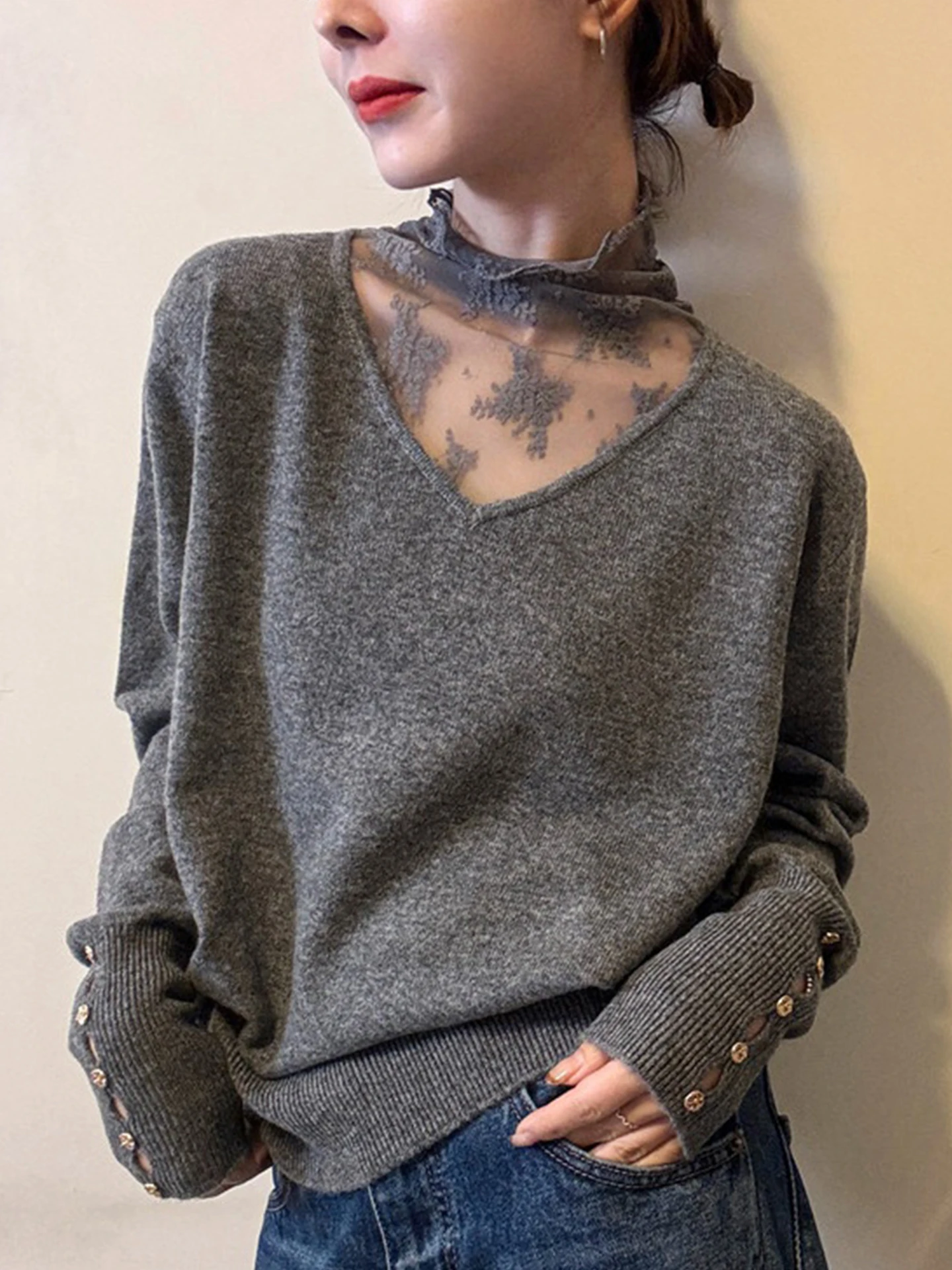   レーススプライスレディースニットウェアロングスベルーズフィット快適な冬のセーターシンプルなスレ韓国版カマーレ