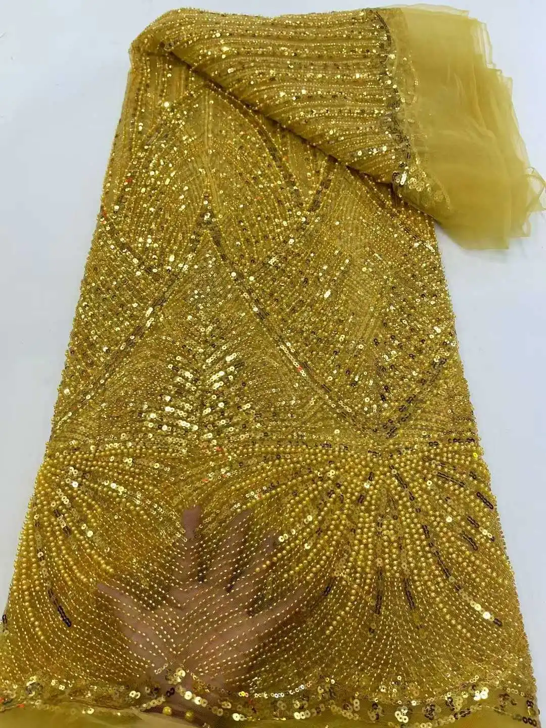 

Gold African Beads Lace Fabric 2025 High Quality Lace French Nigerian Groom Sequins Lace Fabrics For Wedding Party Dress Sewing