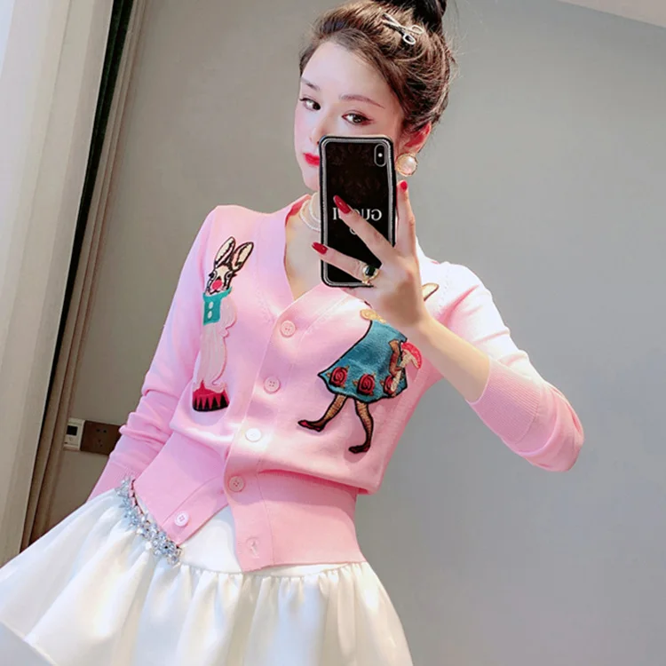 

2022 Spring Summer Thin Cardigan Sweater with Cartoon Patch Rabbit Thin Sweater Shirt Women's Top V Neck Button Shirt Knit Top