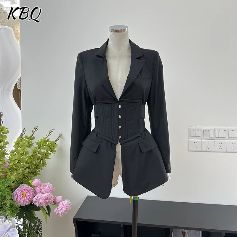 KBQ Solid Spliced Button Temperament Jackets For Women Lapel Long Sleeve Tunic Elegant Chic Coat Female Fashion Style Clothes